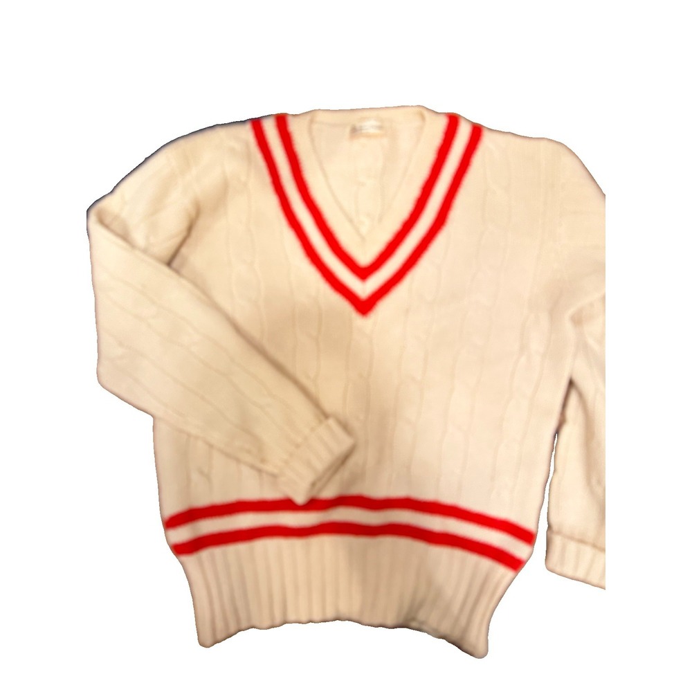 Vtg Hand Frames Paine 100% Wool Cricket Tennis Cable Knit V-Neck Sweater Cream